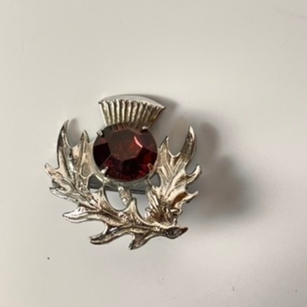 Vintage Scottish Thistle Brooch Red Rhinestone Silver Tone Pin Celtic Statement